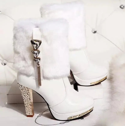 Rhinestone-Embellished Plush Chunky High-Heel Short Boots