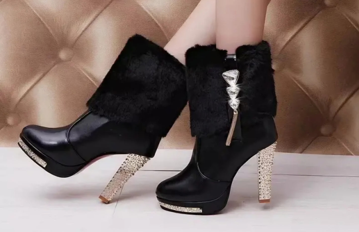 Rhinestone-Embellished Plush Chunky High-Heel Short Boots