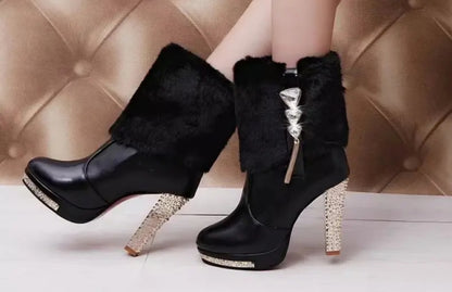 Rhinestone-Embellished Plush Chunky High-Heel Short Boots