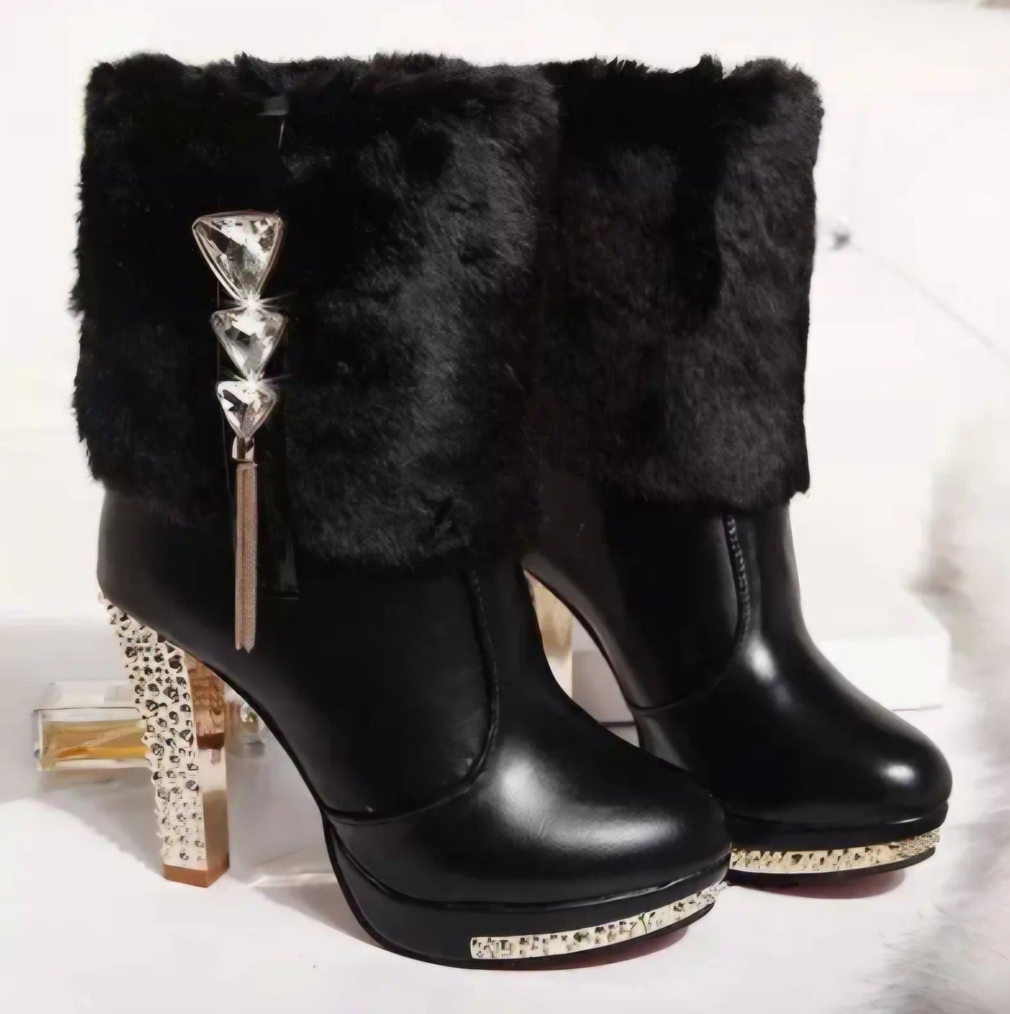 Rhinestone-Embellished Plush Chunky High-Heel Short Boots