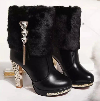 Rhinestone-Embellished Plush Chunky High-Heel Short Boots