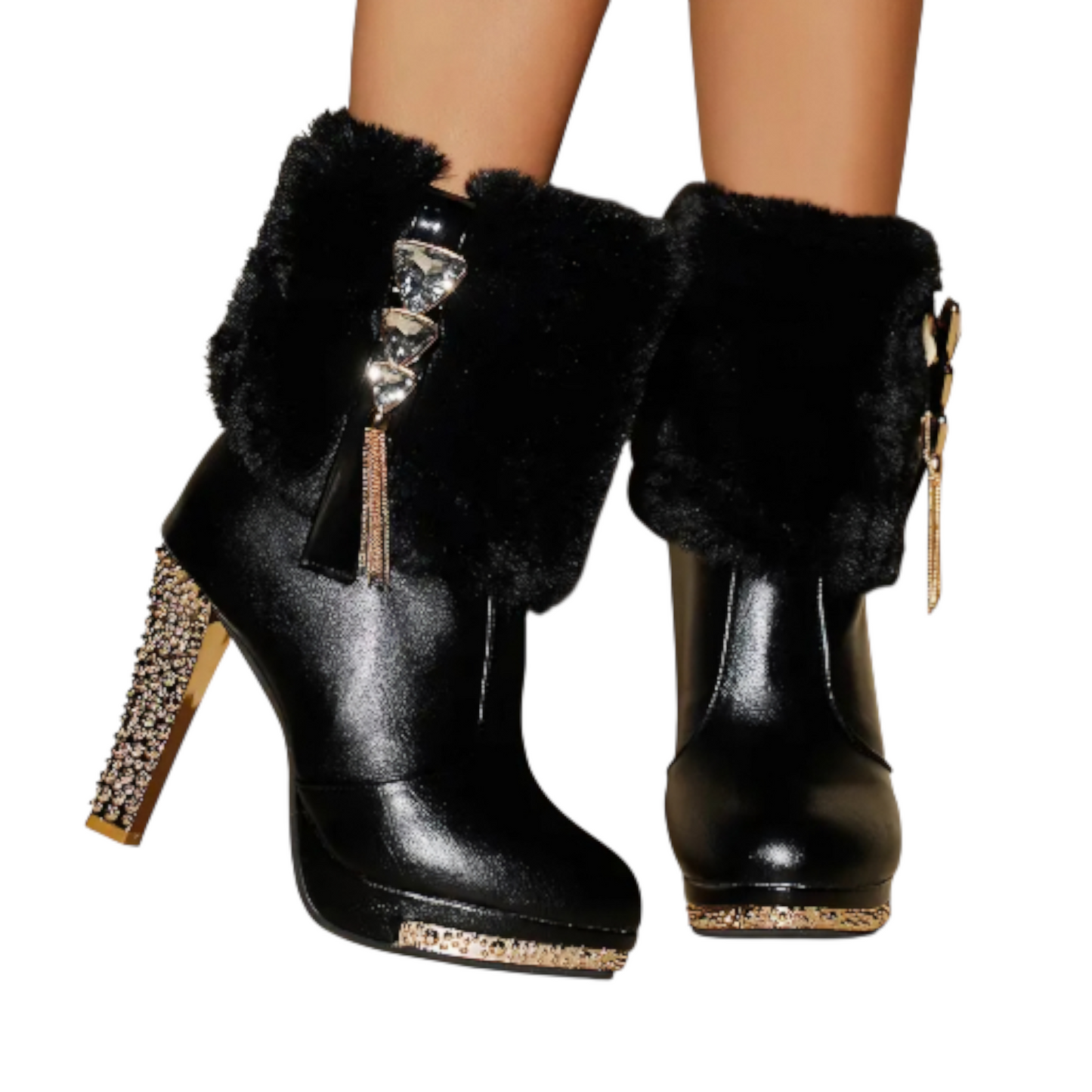 Rhinestone-Embellished Plush Chunky High-Heel Short Boots