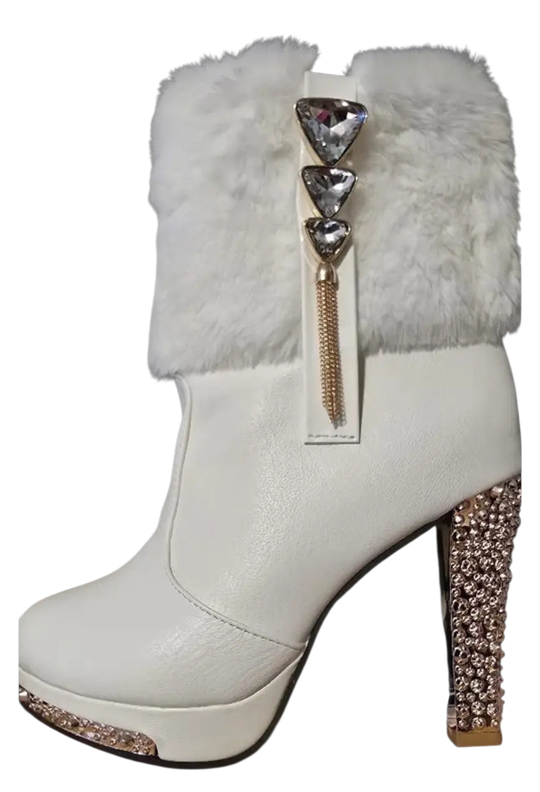 Rhinestone-Embellished Plush Chunky High-Heel Short Boots