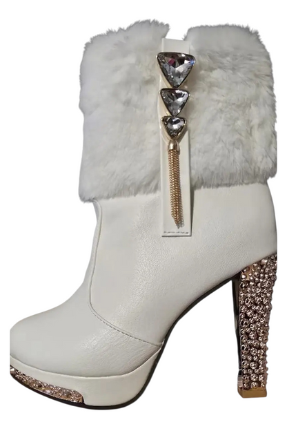 Rhinestone-Embellished Plush Chunky High-Heel Short Boots