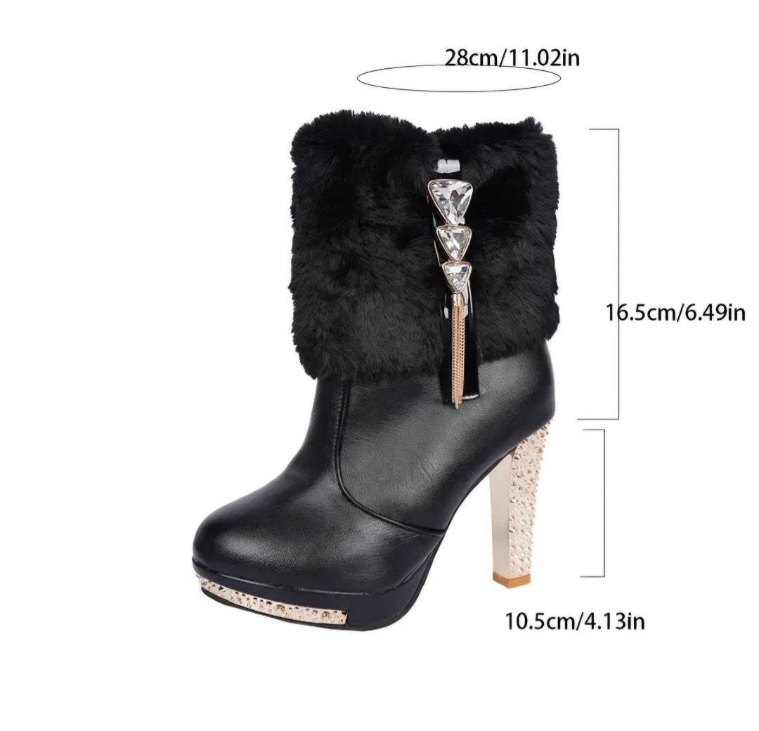 Rhinestone-Embellished Plush Chunky High-Heel Short Boots