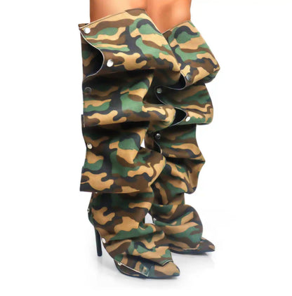 Knee-High Stiletto Heels Slouchy Shark Boots