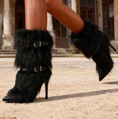 Punk Style Faux Fur Fluffy Ankle Boots