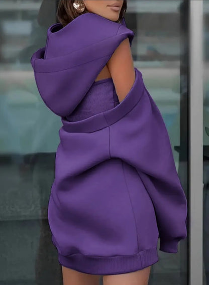 Sexy Off-Shoulder Hooded Sweater Dress With Removable Drawstring