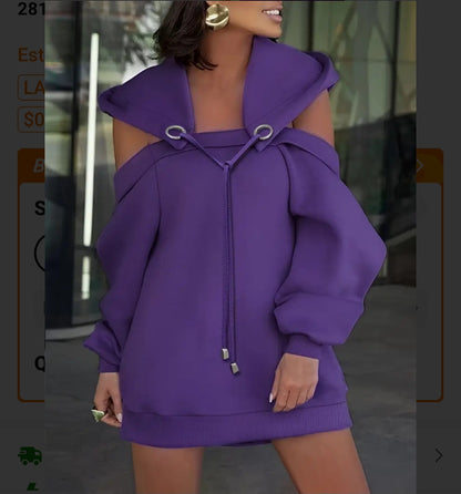 Sexy Off-Shoulder Hooded Sweater Dress With Removable Drawstring