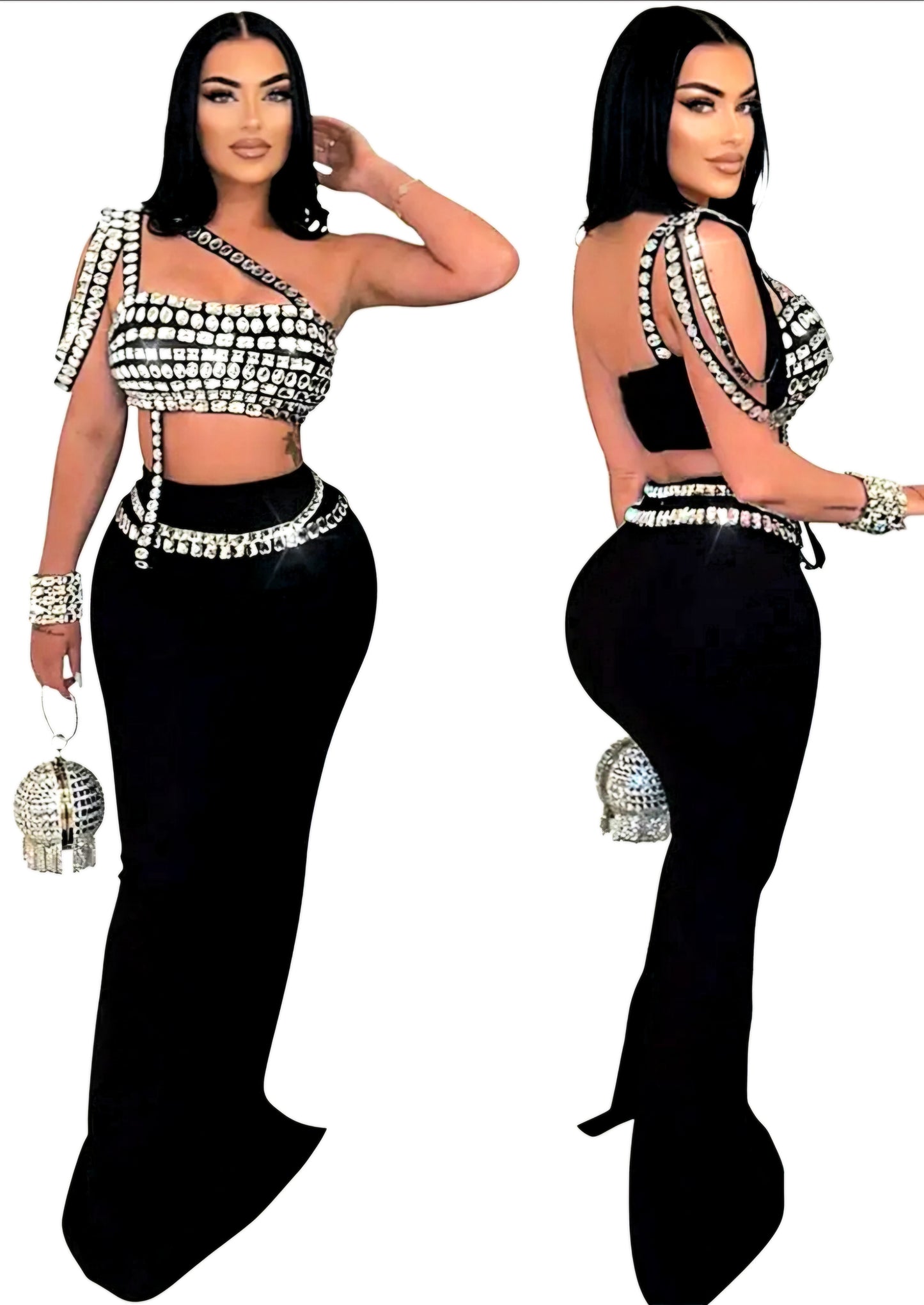 Rhinestone-Embellished Two-Piece Set (Top & Long Maxi Skirt)