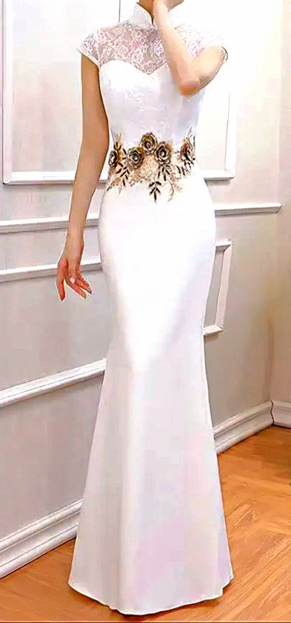 Slim-Fit Fishtail Bodycon Lace Stand Collar Floral Embroidery Dress With Shawl