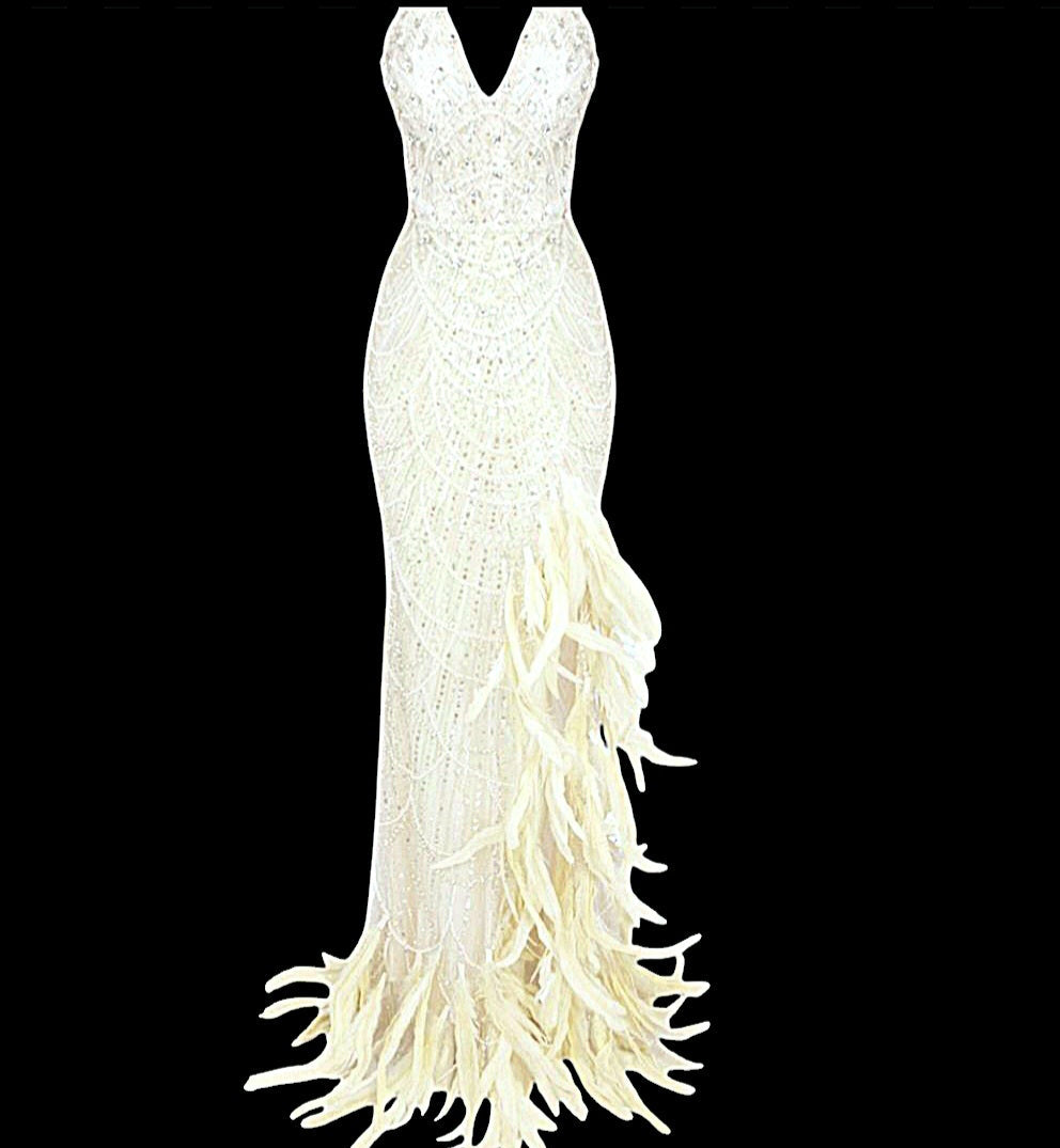 Strapless Crystal Sequins Feather Maxi Dress Ivory