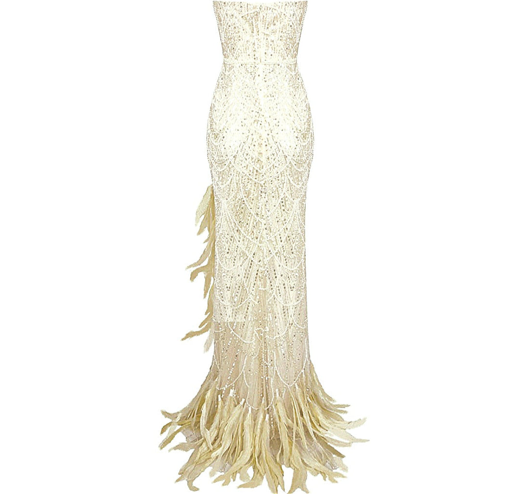 Strapless Crystal Sequins Feather Maxi Dress Ivory