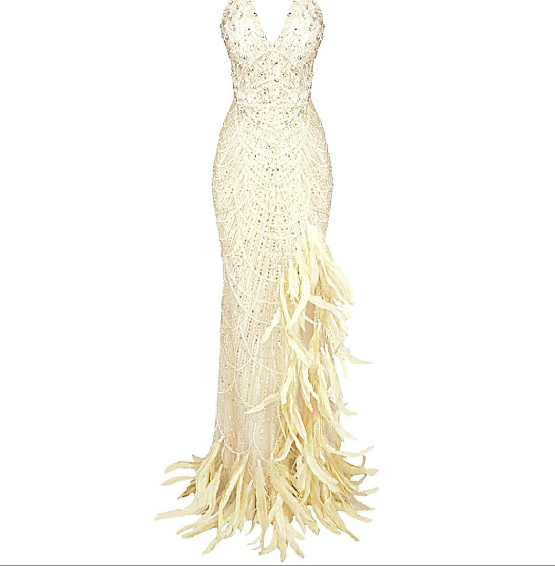 Strapless Crystal Sequins Feather Maxi Dress Ivory