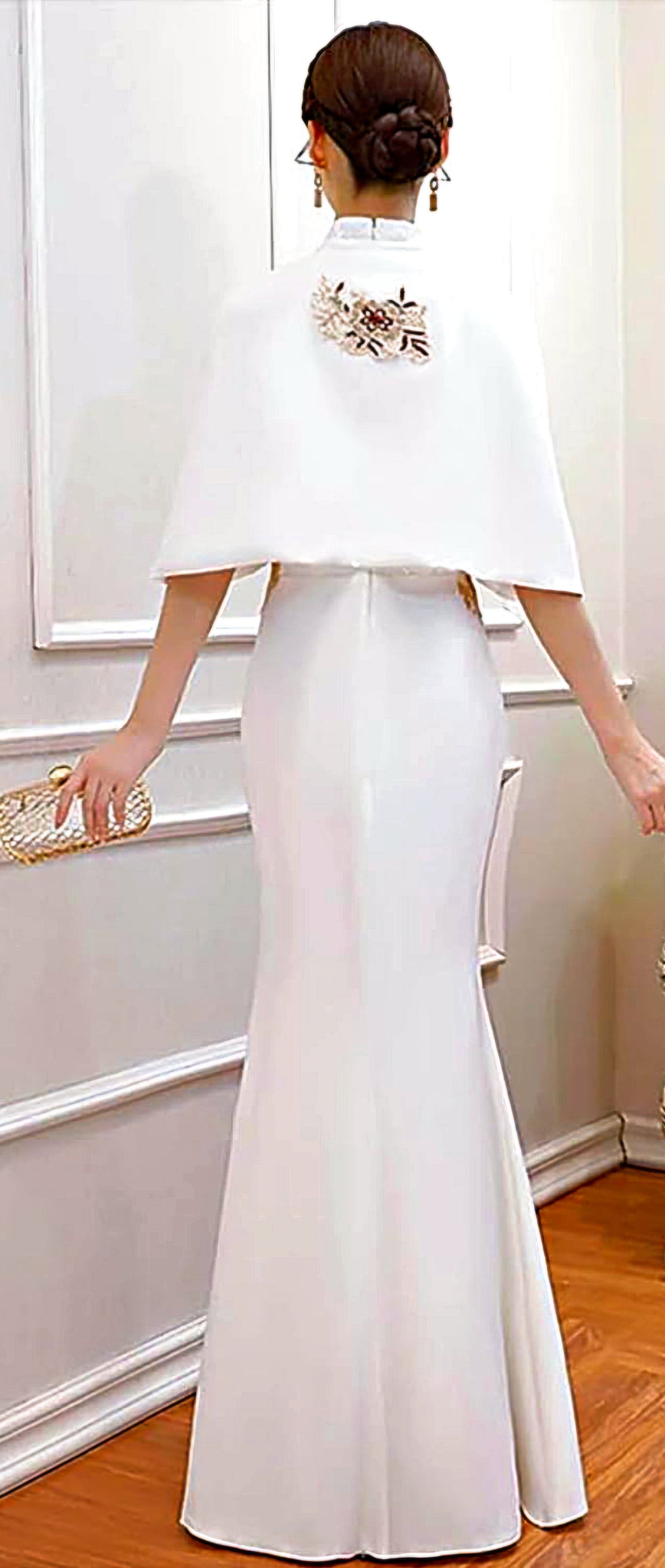 Slim-Fit Fishtail Bodycon Lace Stand Collar Floral Embroidery Dress With Shawl