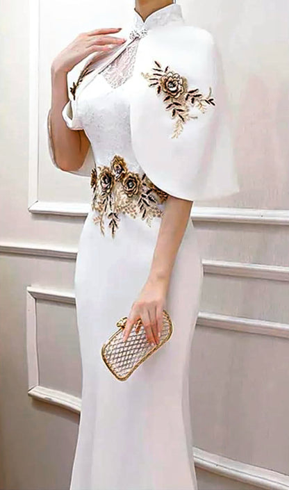 Slim-Fit Fishtail Bodycon Lace Stand Collar Floral Embroidery Dress With Shawl