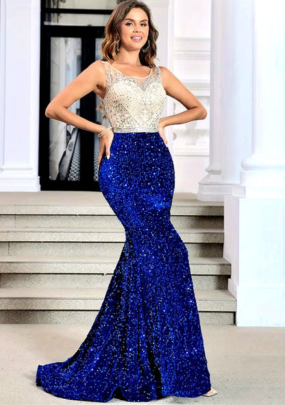 Luxury Sparkly Sequins Tank-Top Gown W/Train
