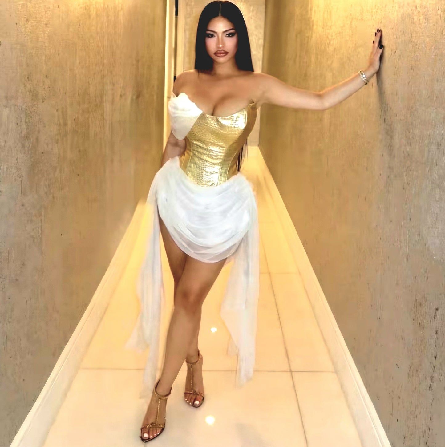 Sexy Golden Shiny Cross-Border Mesh Dress