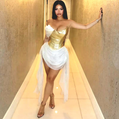 Sexy Golden Shiny Cross-Border Mesh Dress