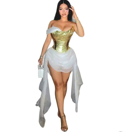 Sexy Golden Shiny Cross-Border Mesh Dress