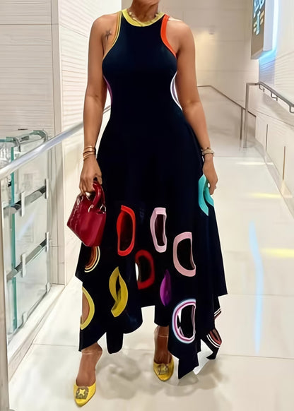 Color Block Sleeveless Asymmetrical Hem Maxi Dress With Geometric Cutout Details
