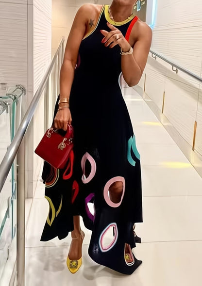 Color Block Sleeveless Asymmetrical Hem Maxi Dress With Geometric Cutout Details