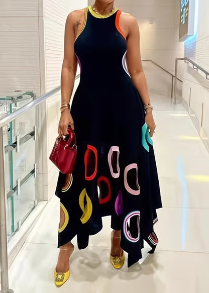 Color Block Sleeveless Asymmetrical Hem Maxi Dress With Geometric Cutout Details
