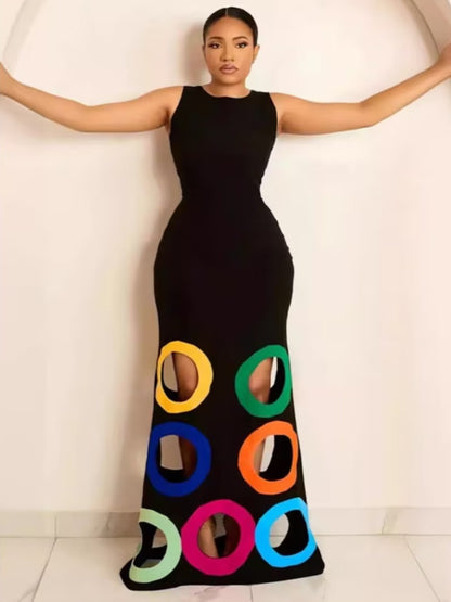 Color Block Sleeveless Asymmetrical Hem Maxi Dress With Geometric Cutout Details