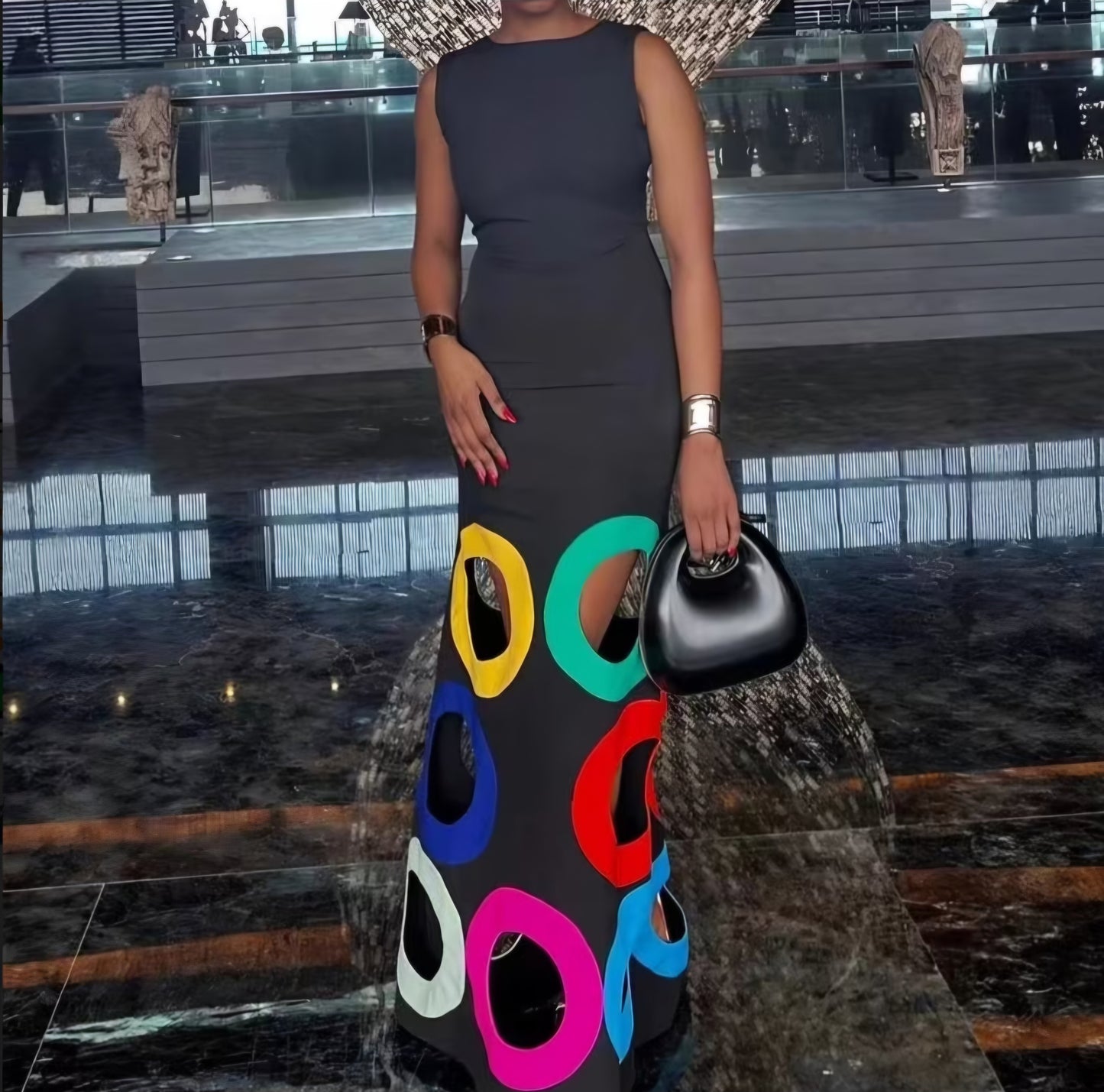 Color Block Sleeveless Asymmetrical Hem Maxi Dress With Geometric Cutout Details