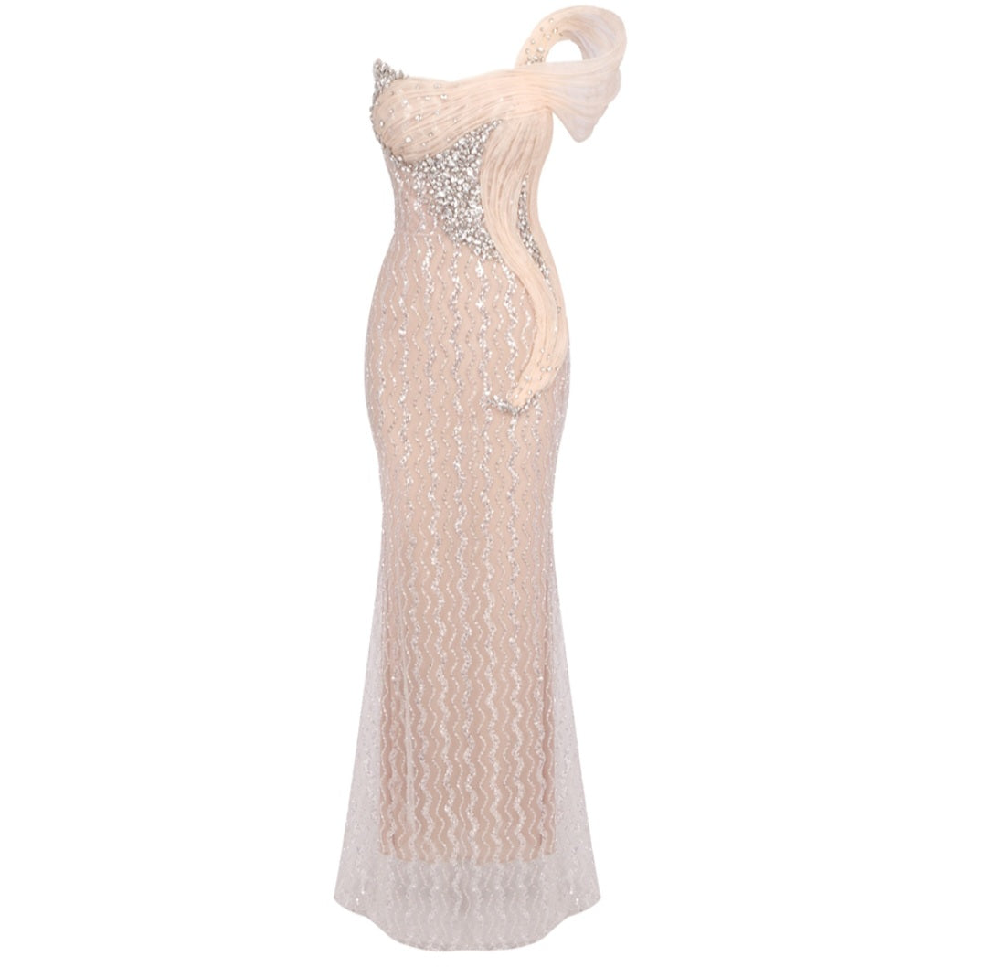 Off-Shoulder Silver-Nude Gown