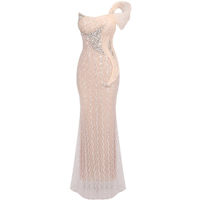Off-Shoulder Silver-Nude Gown