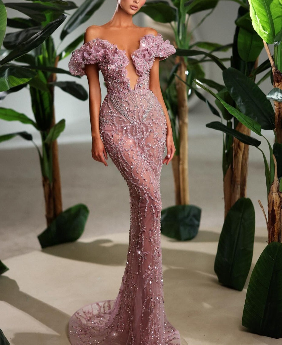 Pink Floral Crystal & Rhinestone Embellished Sequin Gown
