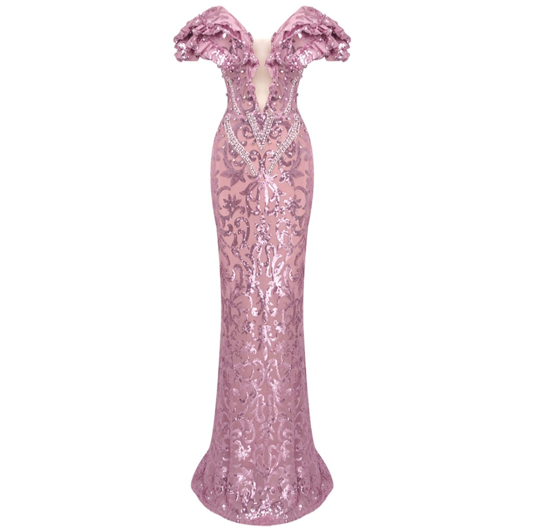 Pink Floral Crystal & Rhinestone Embellished Sequin Gown