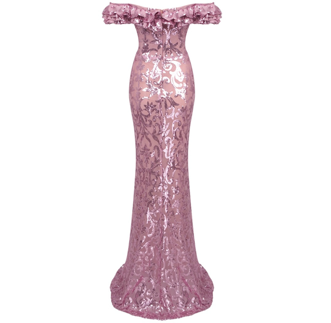 Pink Floral Crystal & Rhinestone Embellished Sequin Gown