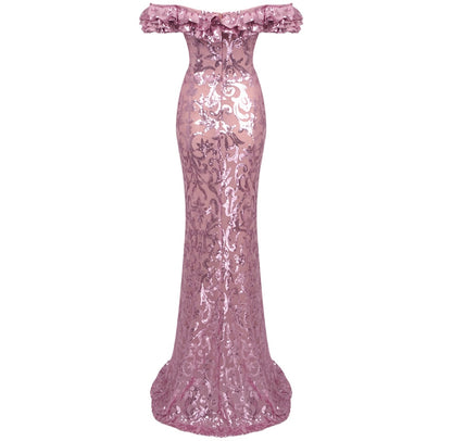 Pink Floral Crystal & Rhinestone Embellished Sequin Gown