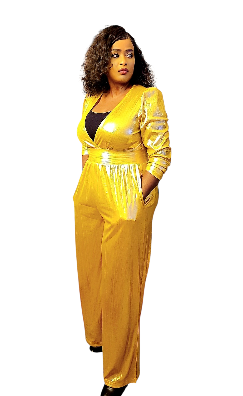 Shiny Chic Deep High-Waisted Wide Leg Jumpsuit