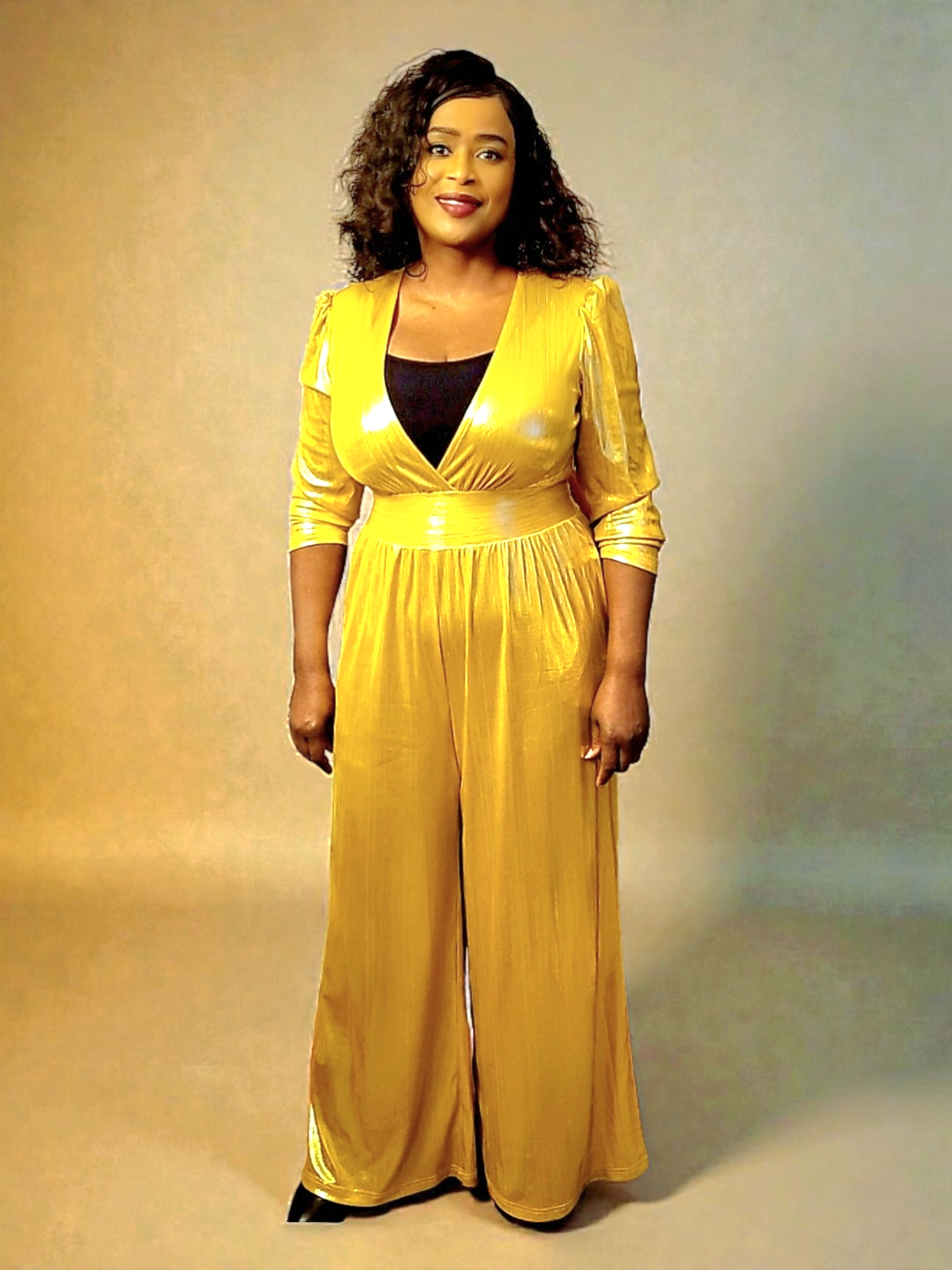 Shiny Chic Deep High-Waisted Wide Leg Jumpsuit