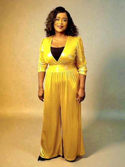 Shiny Chic Deep High-Waisted Wide Leg Jumpsuit