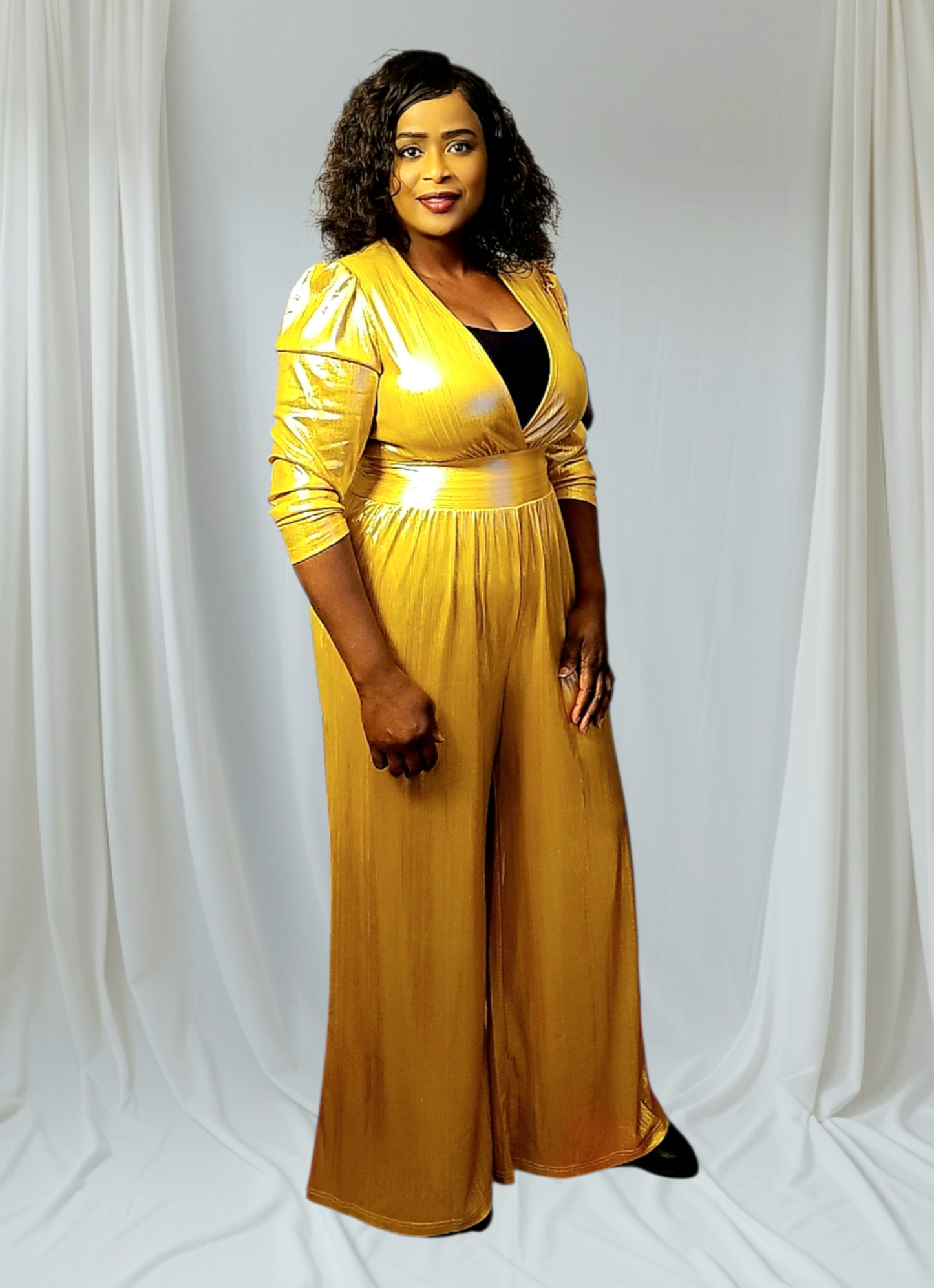 Shiny Chic Deep High-Waisted Wide Leg Jumpsuit