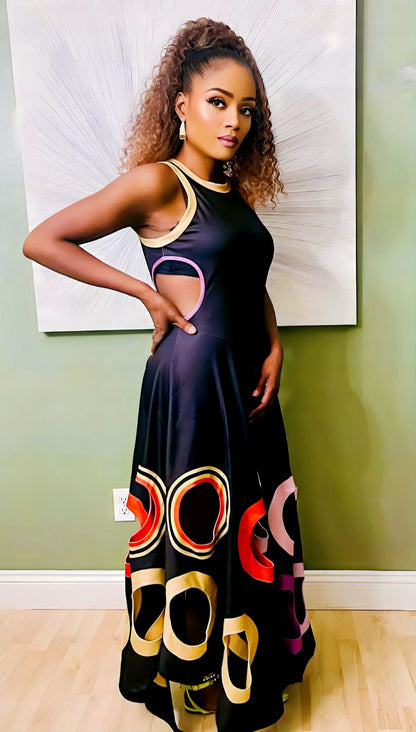 Color Block Sleeveless Asymmetrical Hem Maxi Dress With Geometric Cutout Details