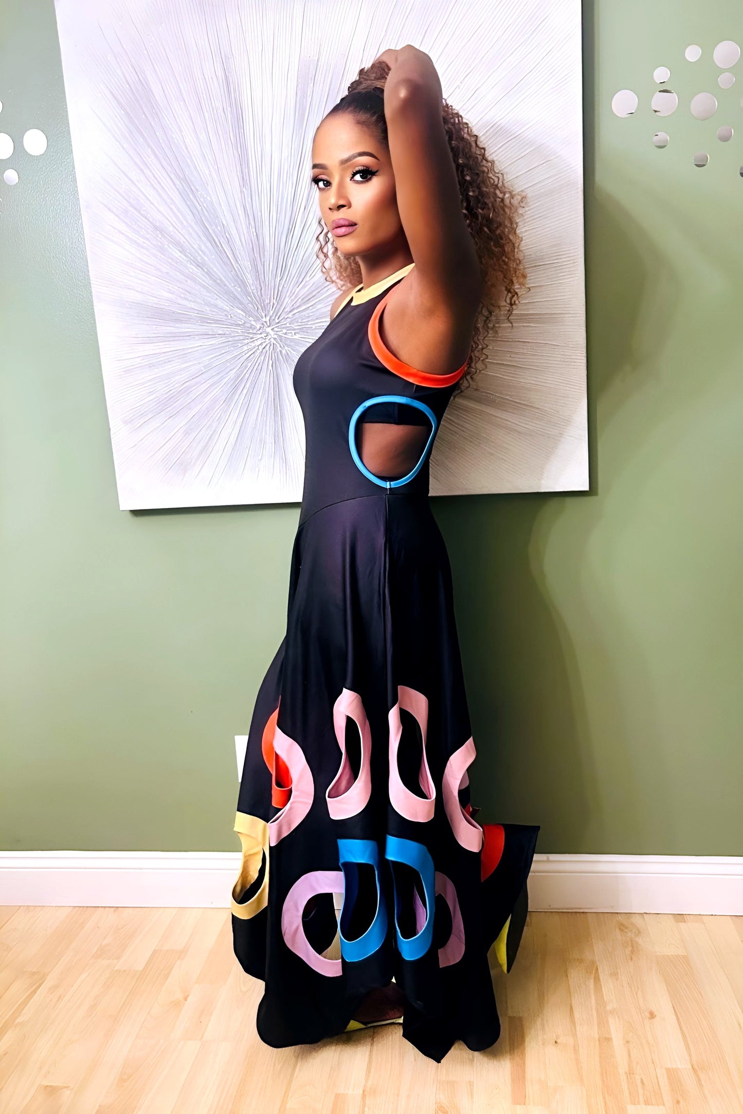 Color Block Sleeveless Asymmetrical Hem Maxi Dress With Geometric Cutout Details